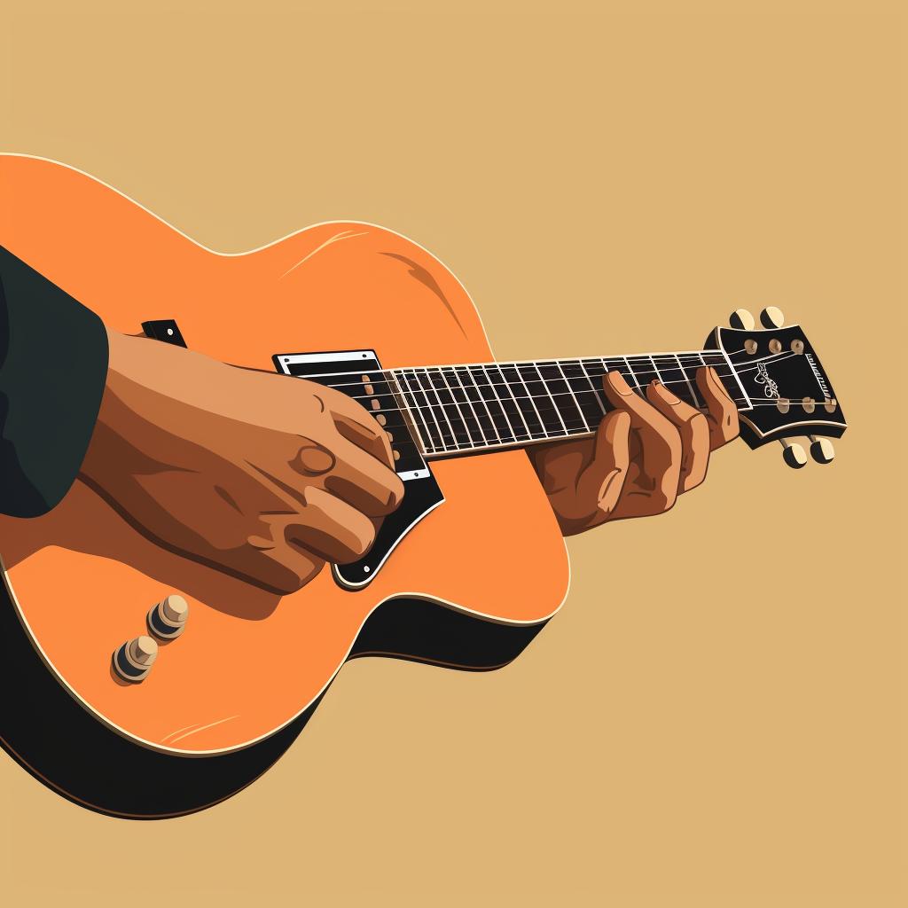 A hand correctly positioned for fingerstyle technique on a jazz guitar